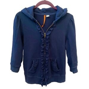 Anthropologie - Hooded 3/4 Sleeve Ruffle Zip Sweatshirt - Blue Hoodie Size Small
